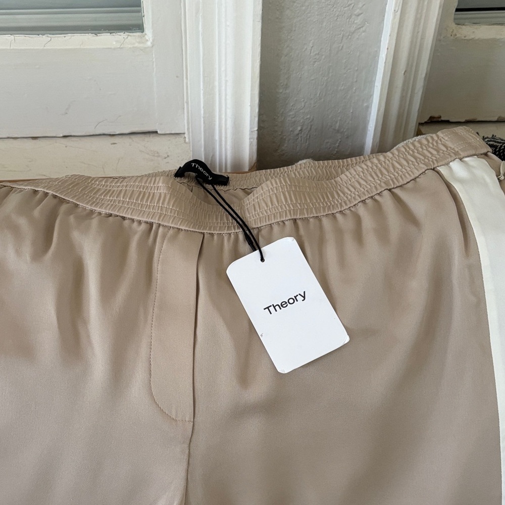 Theory tan and cream 100% silk track pant. Size 12